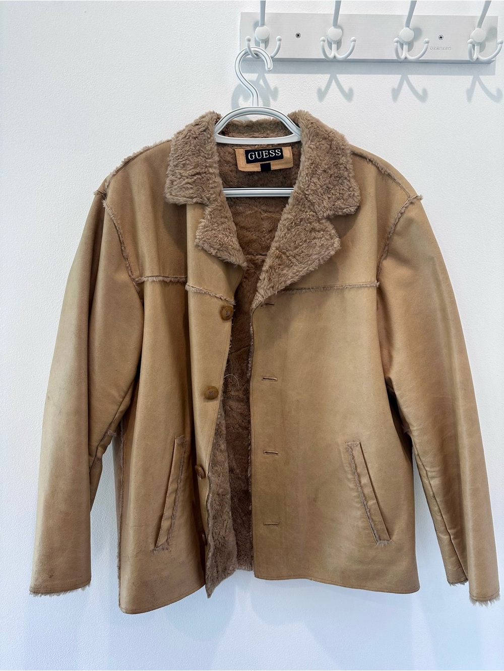 GUESS Men’s Leather Tan Faux-Shearling-lined Pea Coat